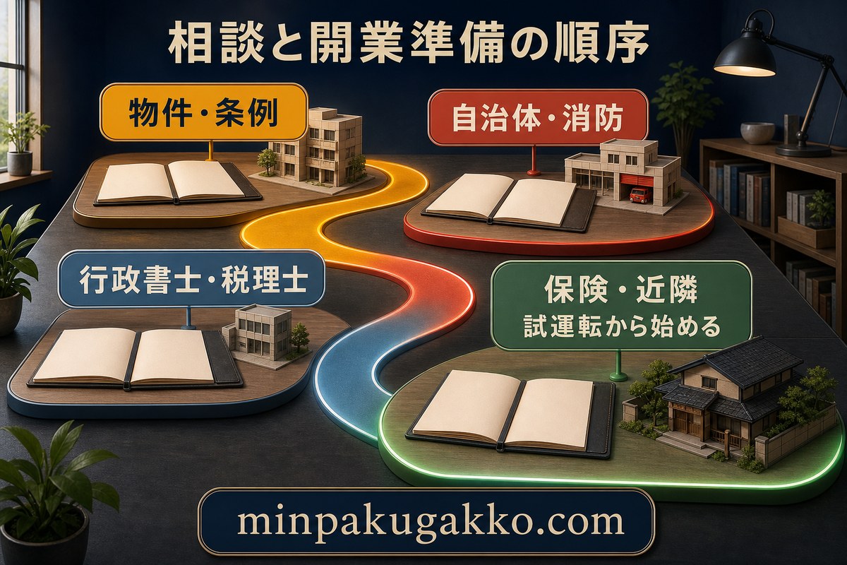 物件と条例、自治体と消防、行政書士と税理士、保険と近隣対応を確認して試運転から始める図