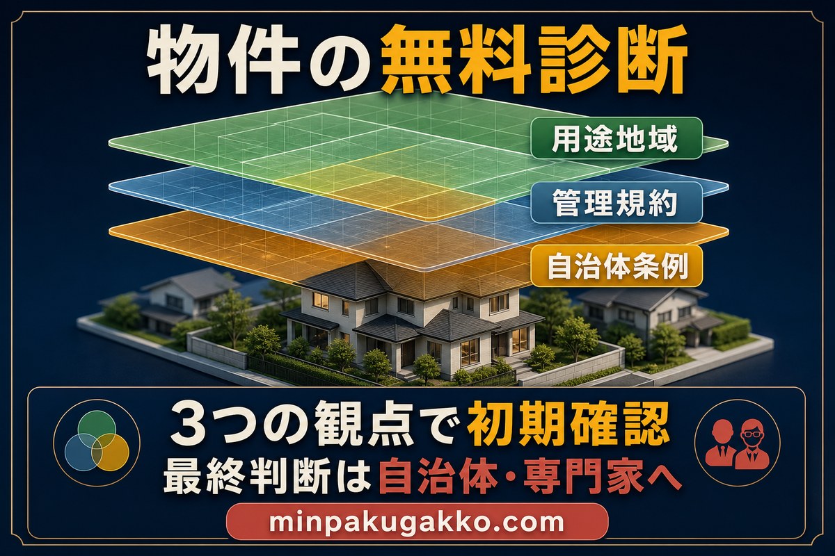 用途地域、管理規約、自治体条例の三つの観点でサーキット周辺物件を初期確認する無料診断図