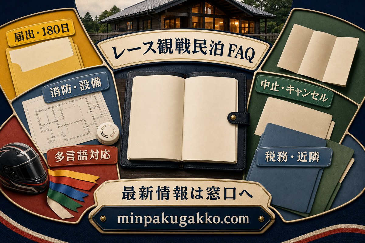 届出と180日、消防と設備、多言語対応、中止とキャンセル、税務と近隣対応を整理したレース観戦民泊のFAQ図