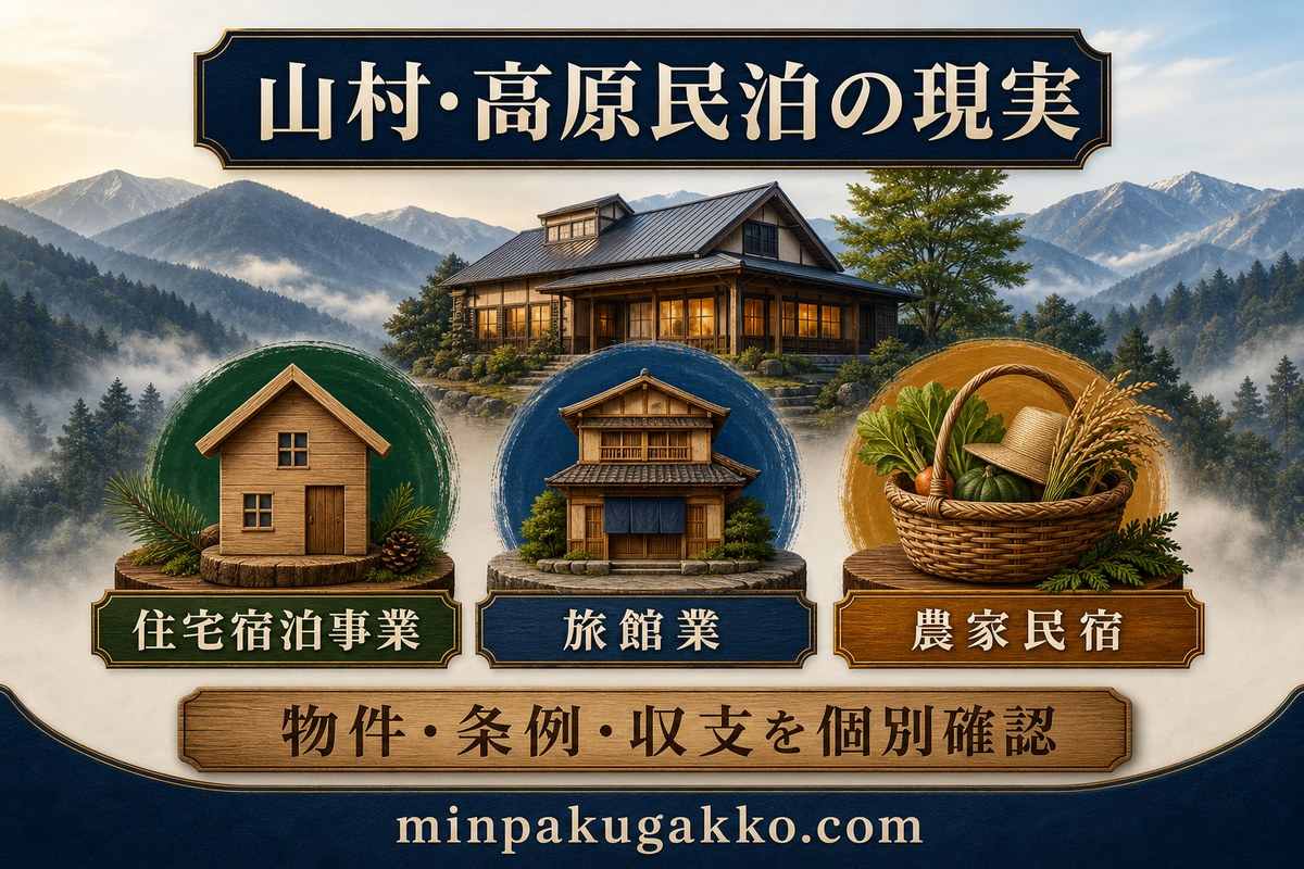山村・高原民泊の住宅宿泊事業、旅館業、農家民宿と個別確認項目を整理した図