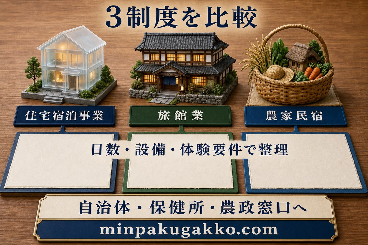 住宅宿泊事業、旅館業、農家民宿を日数、設備、体験要件で比較する図