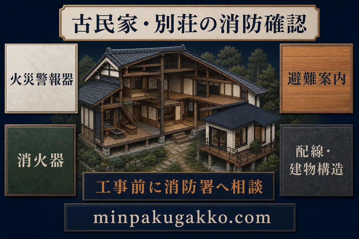 古民家と別荘の火災警報器、消火器、避難案内、配線、建物構造を消防署へ確認する図