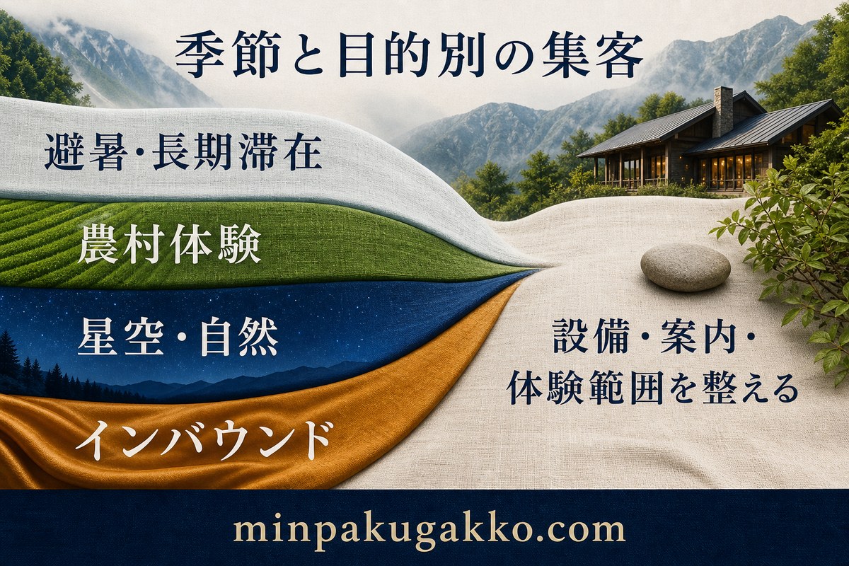 避暑、長期滞在、農村体験、星空、自然、インバウンドの集客準備を整理した図