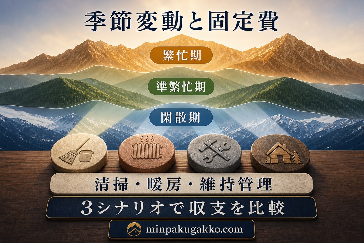 繁忙期、準繁忙期、閑散期と清掃、暖房、維持管理費を三つの収支条件で比較する図