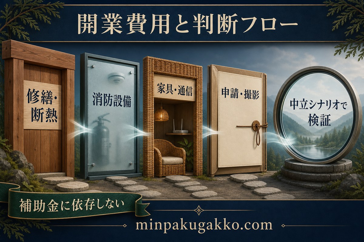 修繕、断熱、消防設備、家具、通信、申請、撮影を補助金に依存せず検証する開業判断図
