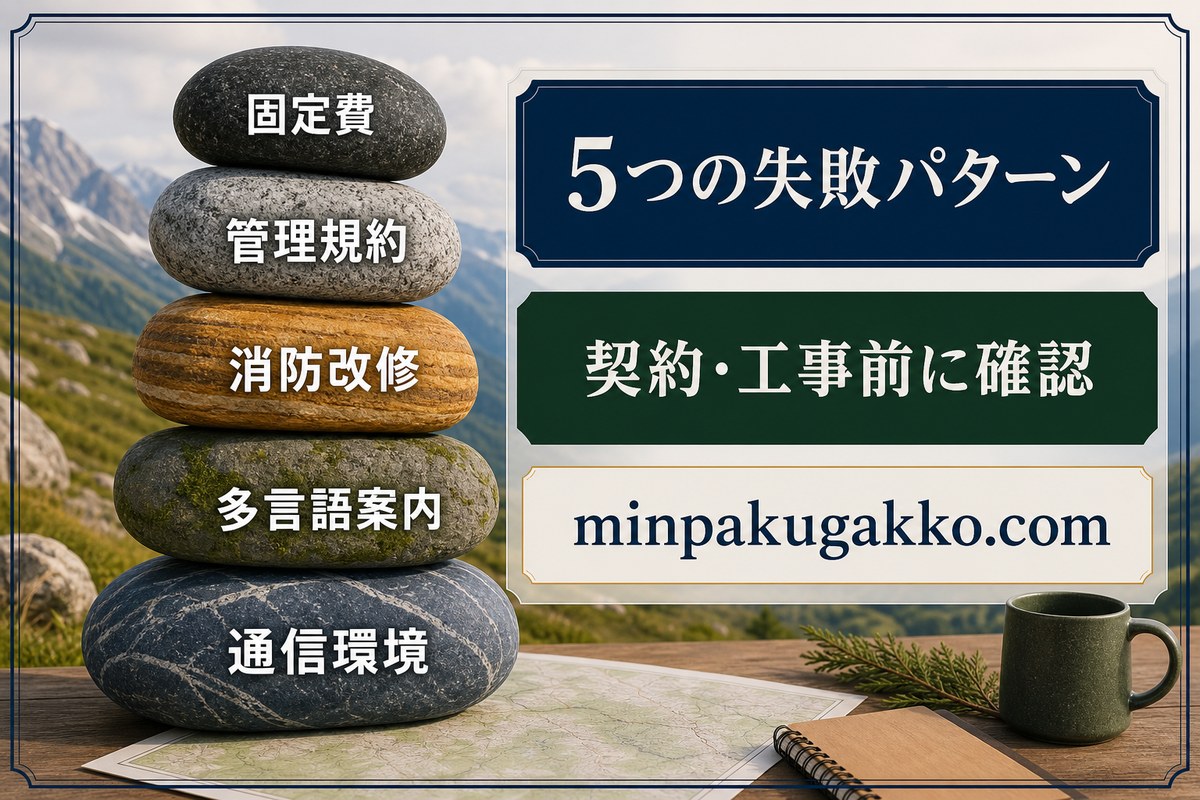 固定費、管理規約、消防改修、多言語案内、通信環境の五つの失敗要因を整理した図