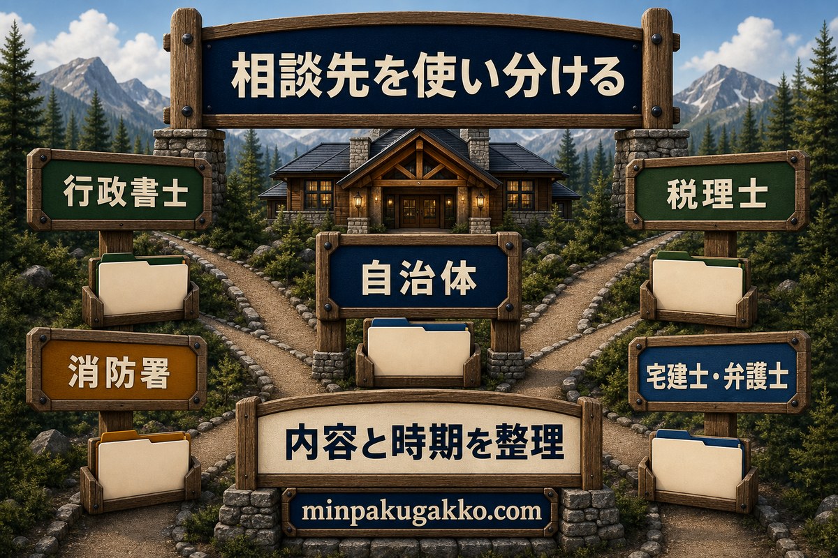 行政書士、税理士、消防署、自治体、宅建士、弁護士への相談内容と時期を整理する図