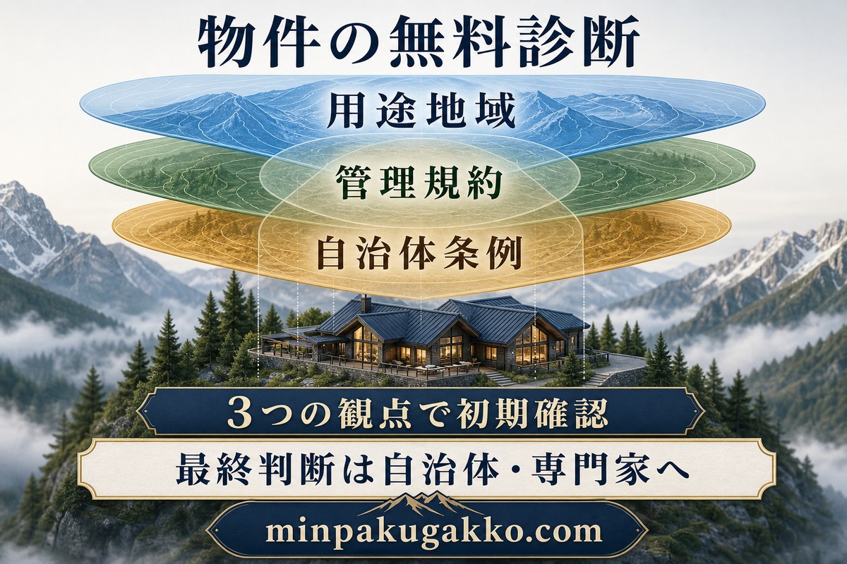用途地域、管理規約、自治体条例の三つの観点で山村民泊の物件可否を初期確認する図
