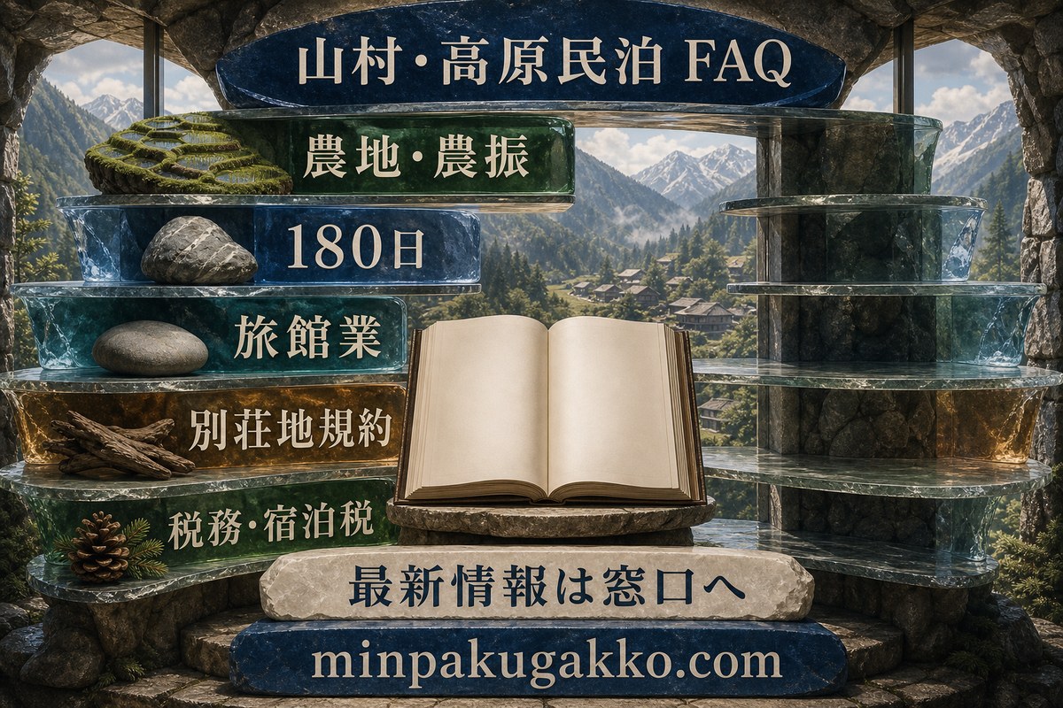 山村・高原民泊の農地、農振、180日、旅館業、別荘地規約、税務、宿泊税を整理したFAQ図