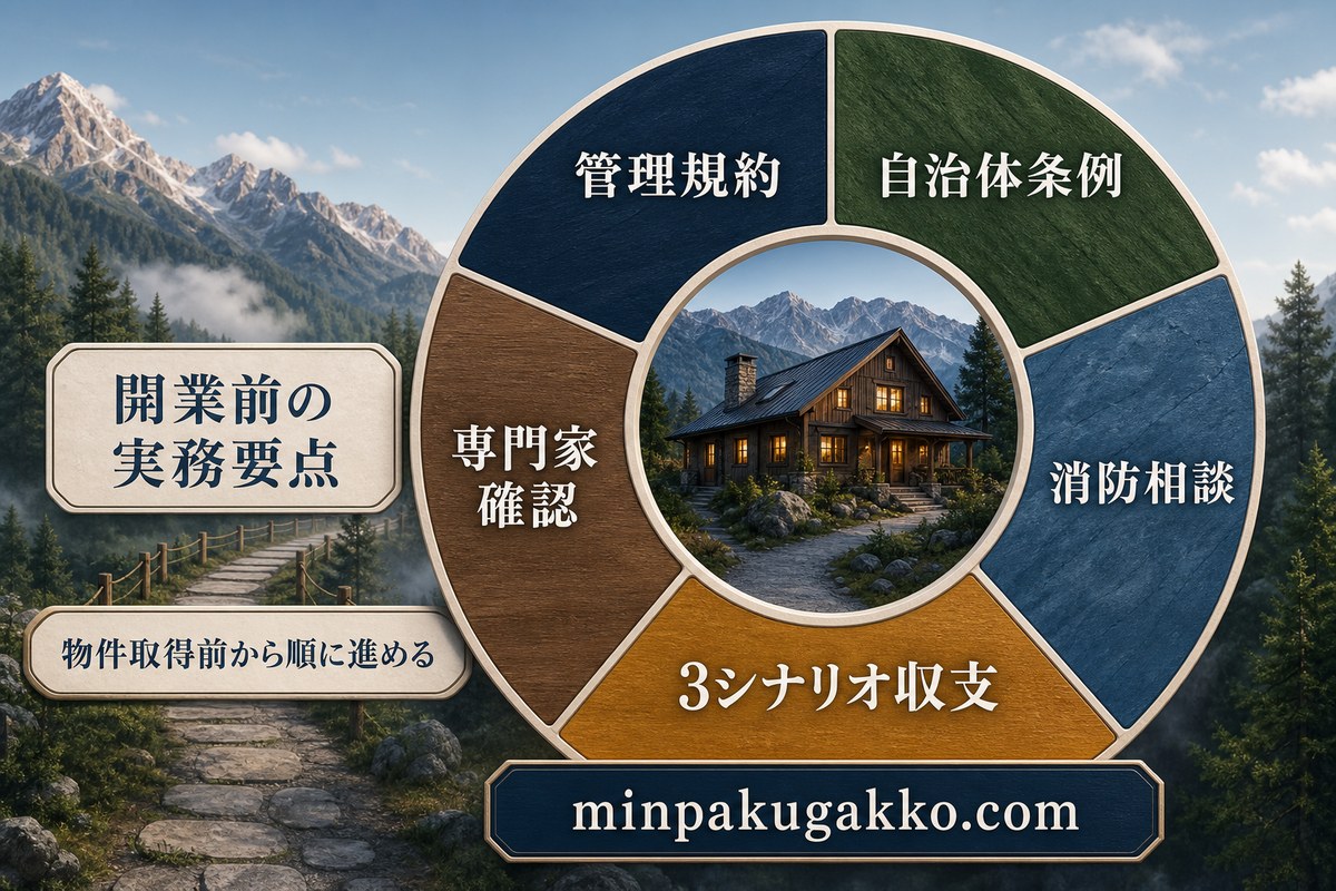 管理規約、自治体条例、消防相談、三つの収支条件、専門家確認を順番に進めるまとめ図