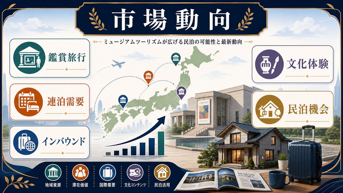 ミュージアムツーリズムの市場動向として鑑賞旅行、連泊需要、インバウンド、文化体験、民泊機会を整理した図解
