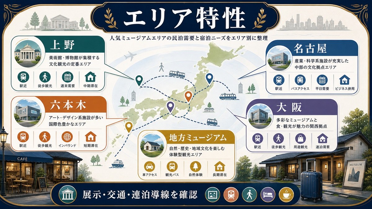 人気ミュージアムエリア別の需要特性として上野、六本木、名古屋、大阪、地方ミュージアムを整理した図解