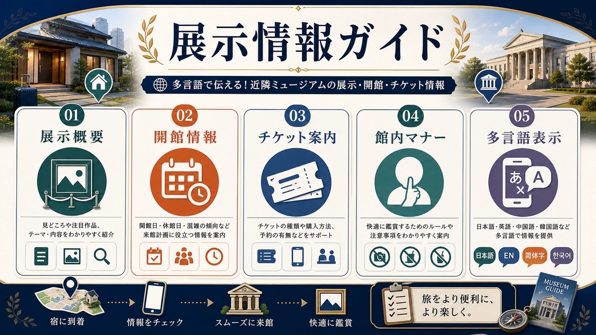 近隣美術館・博物館の展示情報整備として展示概要、開館情報、チケット案内、館内マナー、多言語表示を整理した図解