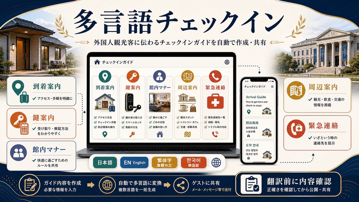 多言語チェックイン案内として到着案内、鍵案内、館内マナー、周辺案内、緊急連絡を整理した図解