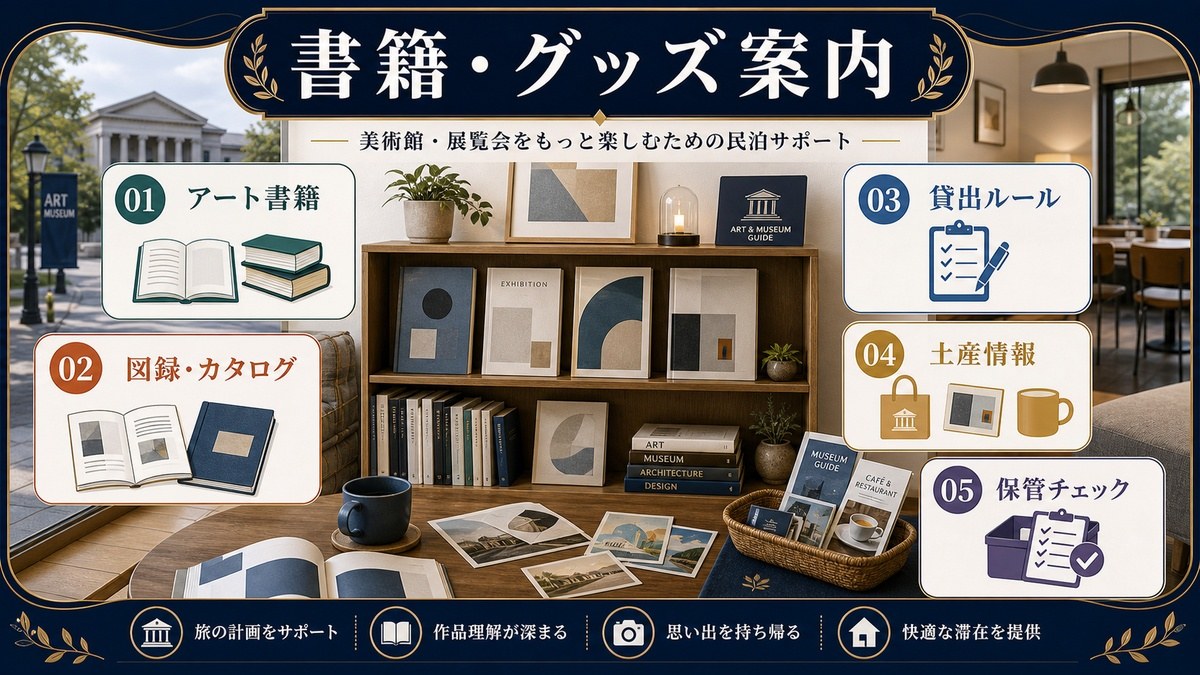 アート関連書籍とグッズ案内としてアート書籍、図録・カタログ、貸出ルール、土産情報、保管チェックを整理した図解