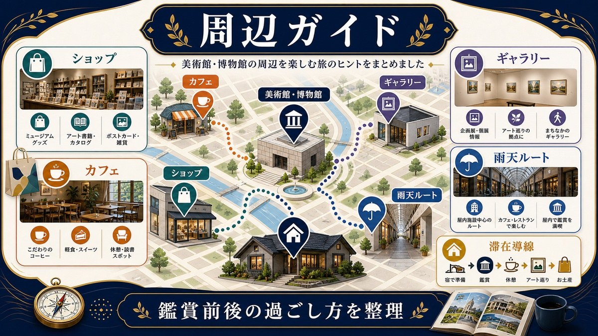 ミュージアムショップ・カフェ・周辺ギャラリー案内としてショップ、カフェ、ギャラリー、雨天ルート、滞在導線を整理した図解