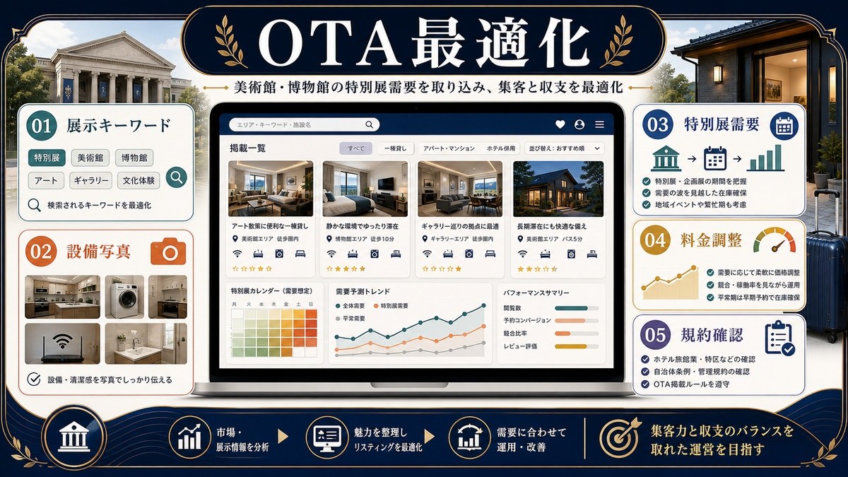 ミュージアム観光民泊のOTA最適化として展示キーワード、設備写真、特別展需要、料金調整、規約確認を整理した図解
