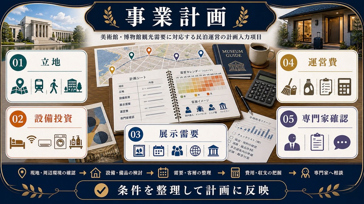 美術館・博物館観光民泊の事業計画として立地、設備投資、展示需要、運営費、専門家確認を整理した図解