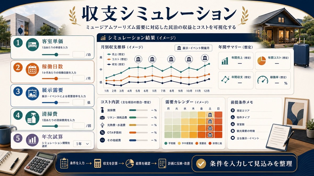 美術館・博物館観光民泊の収支シミュレーションとして客室単価、稼働日数、展示需要、清掃費、年次試算を整理した図解