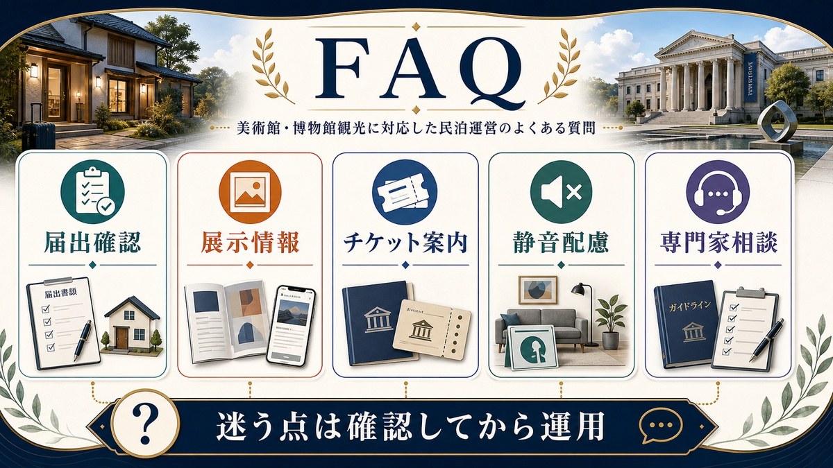 美術館・博物館観光民泊のFAQとして届出確認、展示情報、チケット案内、静音配慮、専門家相談を整理した図解