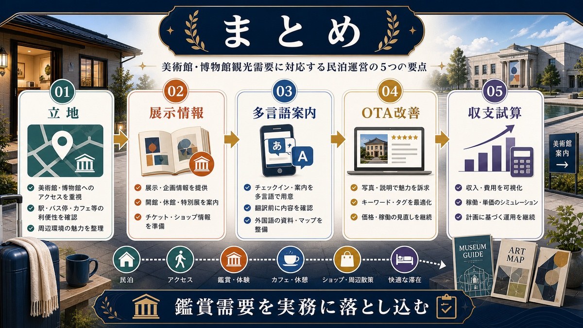 ミュージアム観光需要を取り込む民泊運営のポイントとして立地、展示情報、多言語案内、OTA改善、収支試算を整理した図解