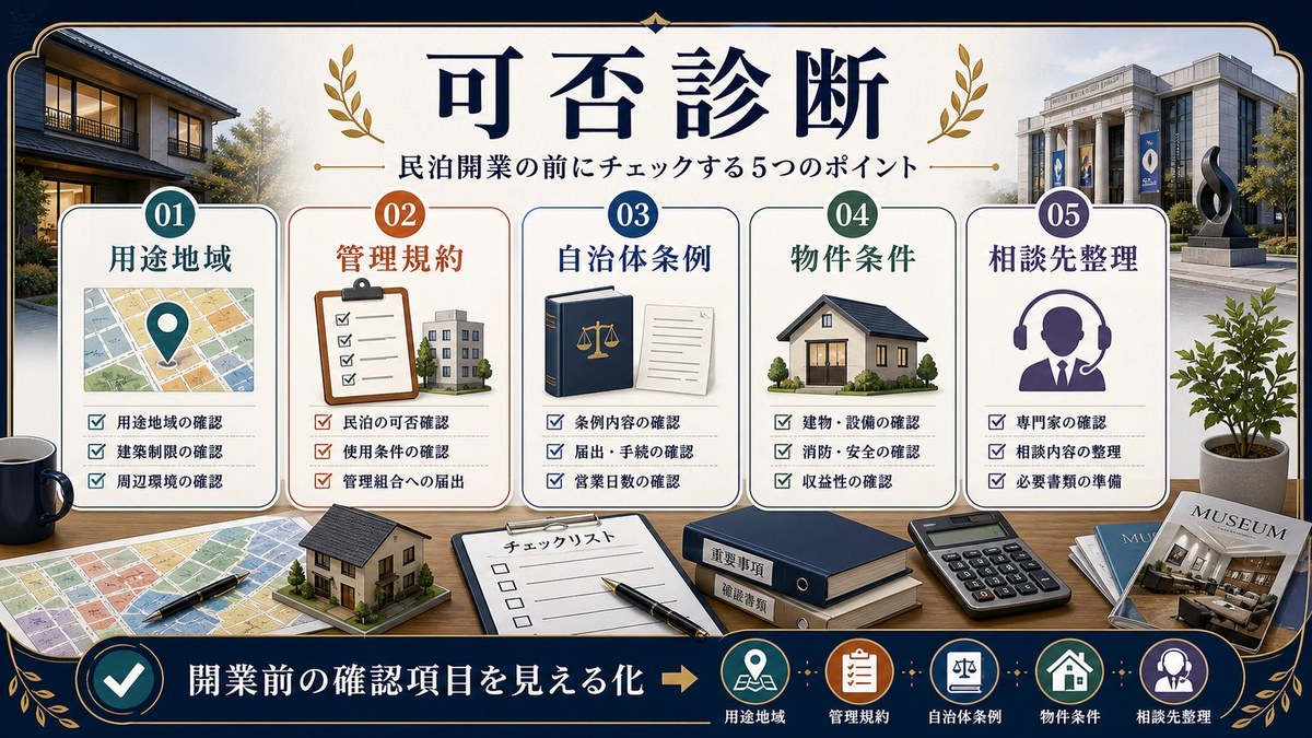 民泊の可否診断として用途地域、管理規約、自治体条例、物件条件、相談先整理を整理した図解