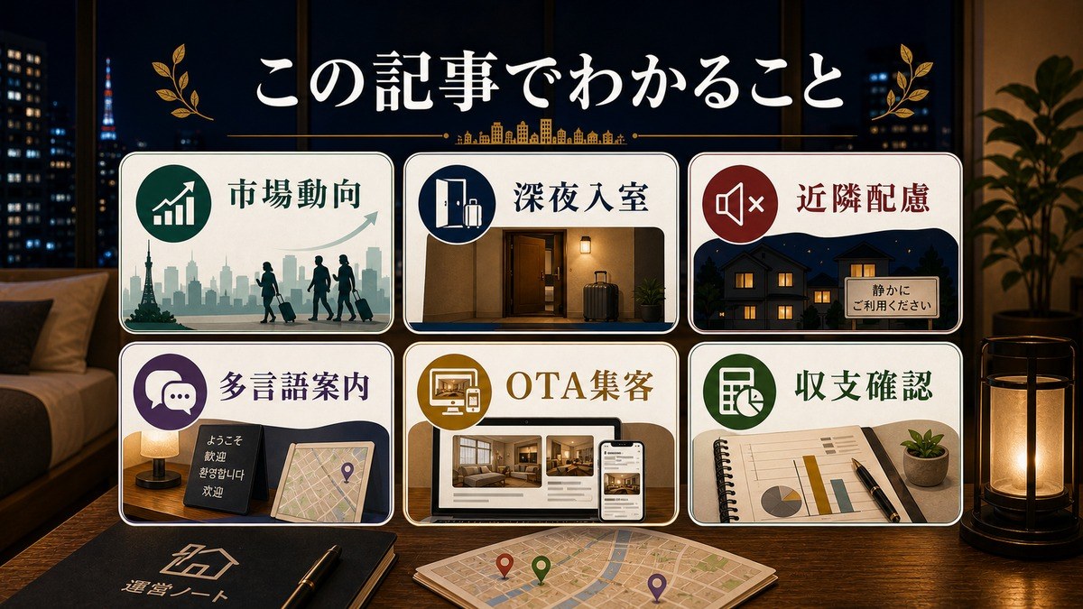 ナイト観光民泊で確認する市場動向、深夜入室、近隣配慮、集客、収支を整理した図解