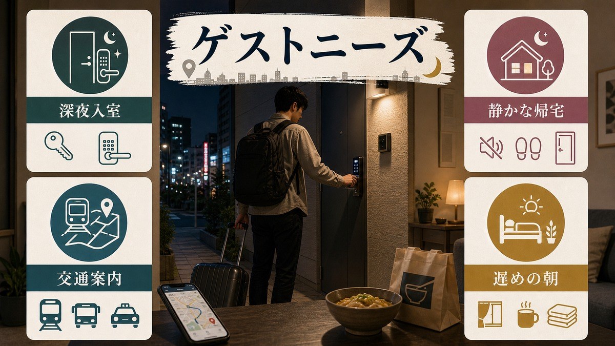 ナイト観光ゲストが民泊に求める深夜入室、交通案内、静かな帰宅、遅めの朝を整理した図解