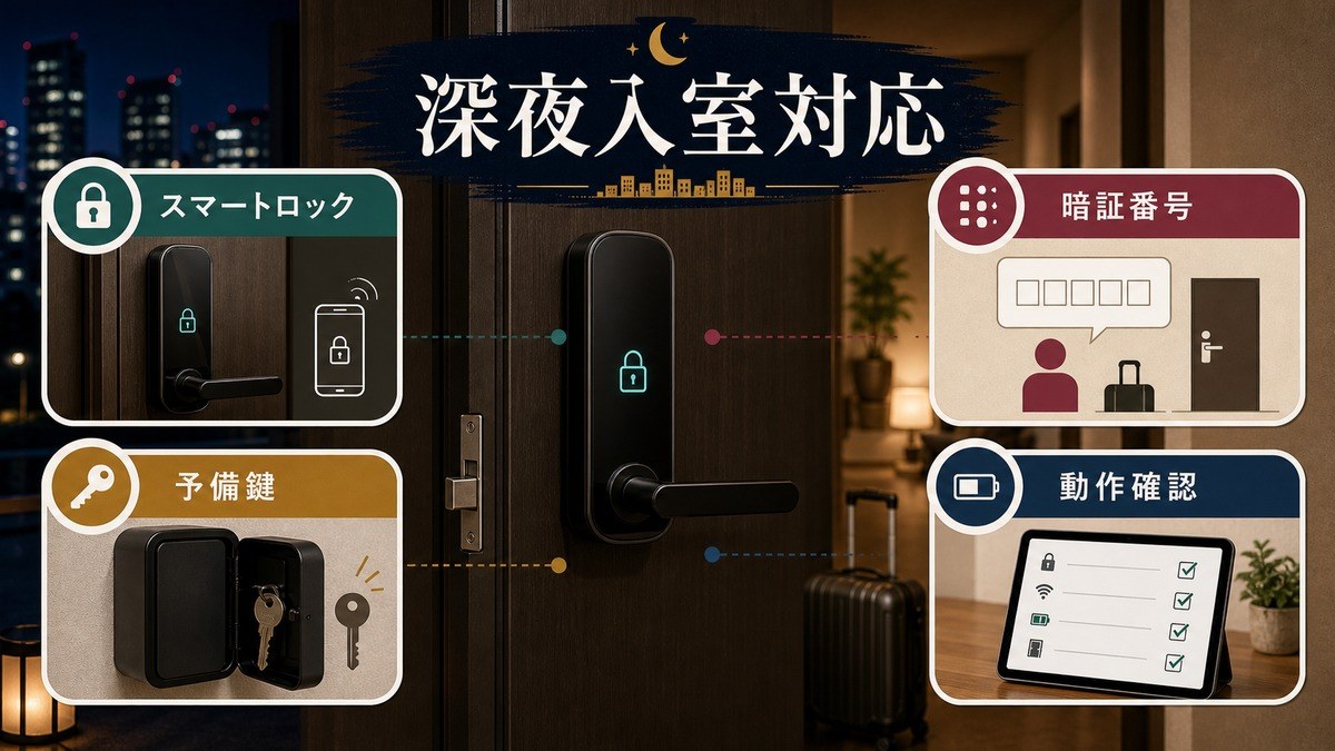 深夜チェックイン、早朝チェックアウト、スマートロック、予備鍵、動作確認を整理した図解
