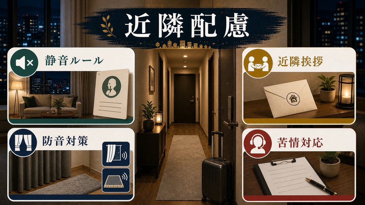 騒音配慮、近隣挨拶、防音対策、苦情対応を整理した図解