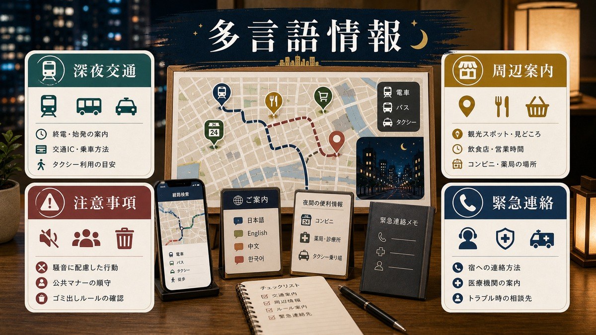 繁華街情報、深夜交通、安全情報、緊急連絡の多言語整備を整理した図解