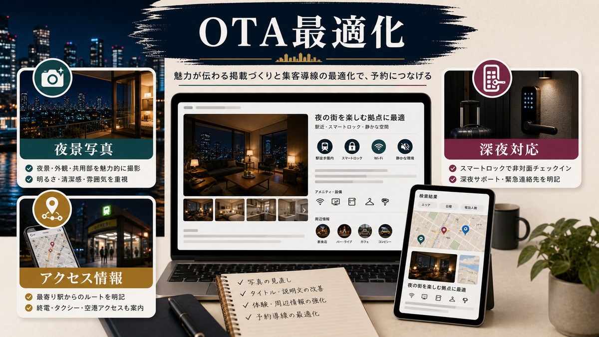 ナイト観光ゲスト向けOTAリスティング最適化と集客戦略を整理した図解