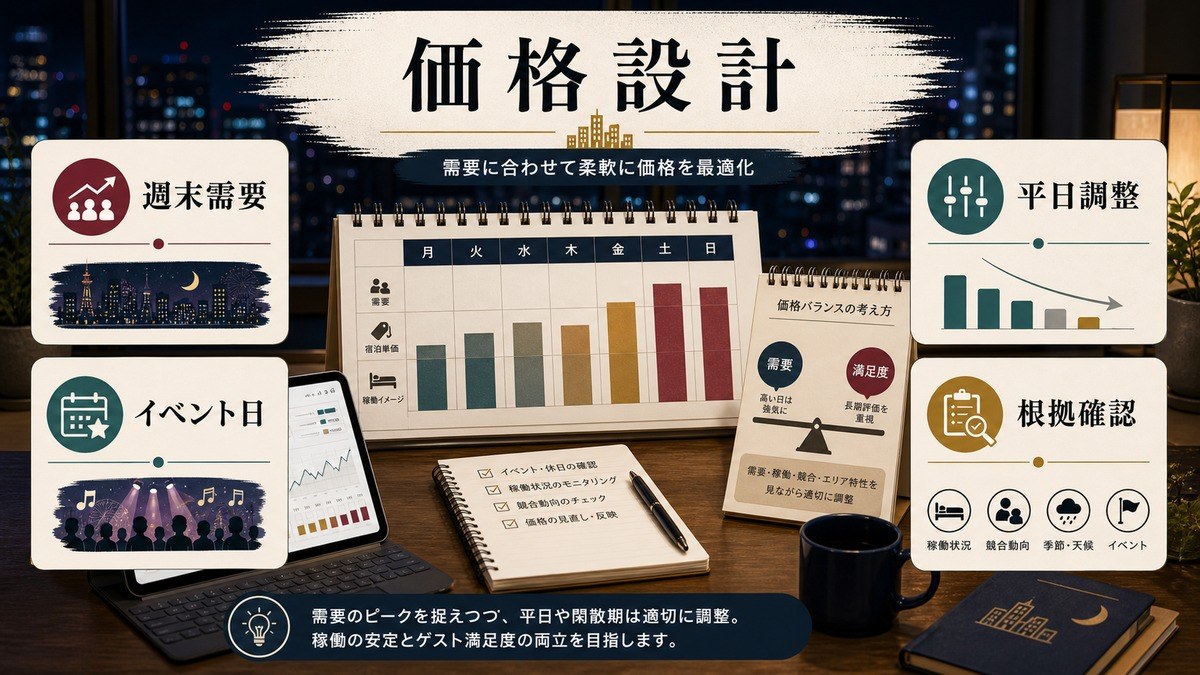 週末需要、イベント日、平日調整、根拠確認を含む価格設計を整理した図解
