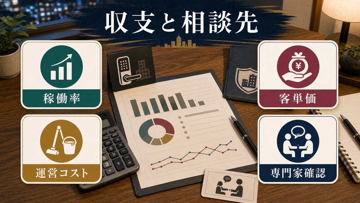 ナイトライフ民泊の収支計画と専門家相談先を整理した図解