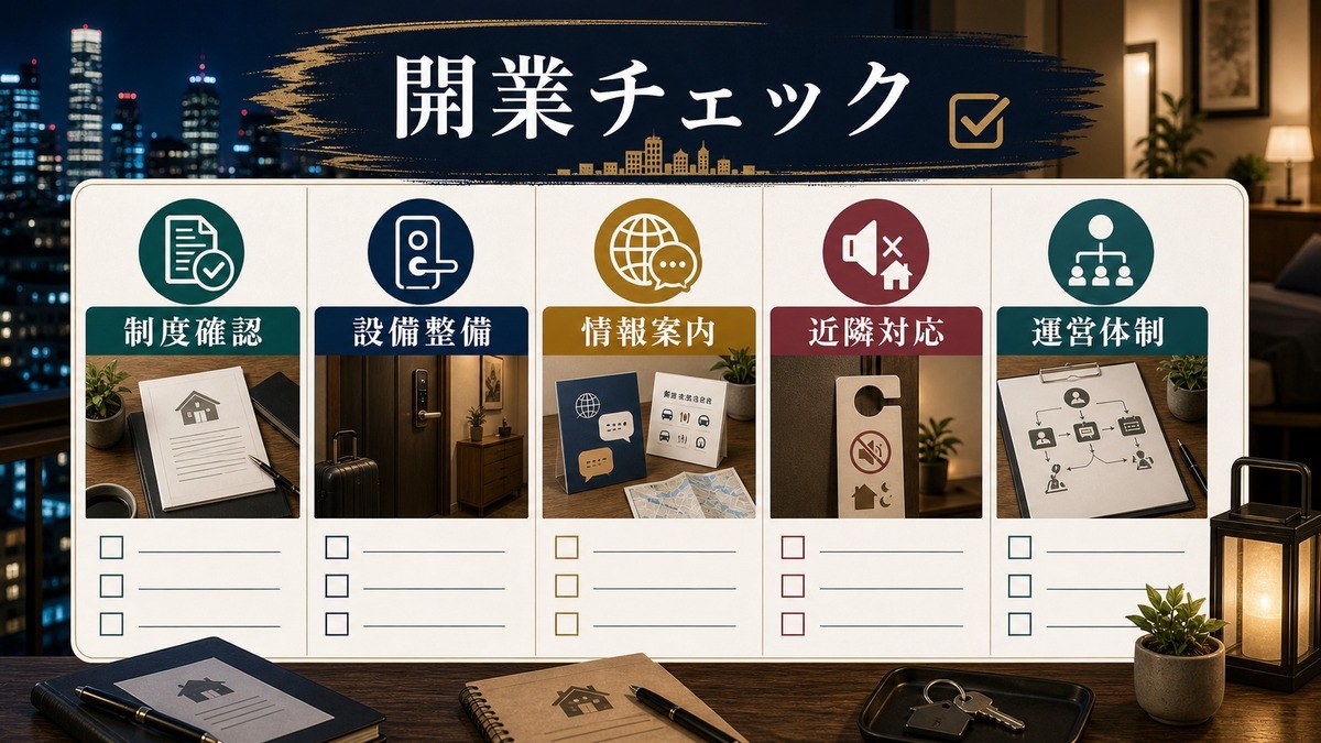 繁華街近隣立地で民泊を開業する前の制度確認、設備整備、情報案内、近隣対応、運営体制のチェックリスト図解