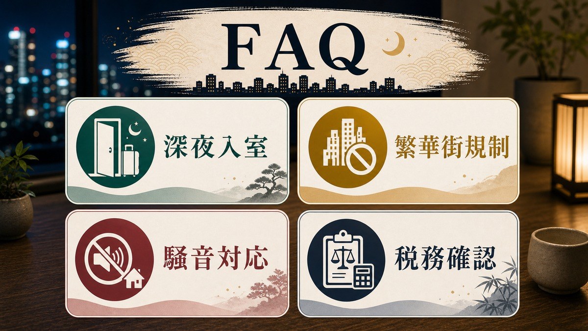 ナイトライフ民泊の深夜入室、繁華街規制、騒音対応、税務確認に関するFAQ図解