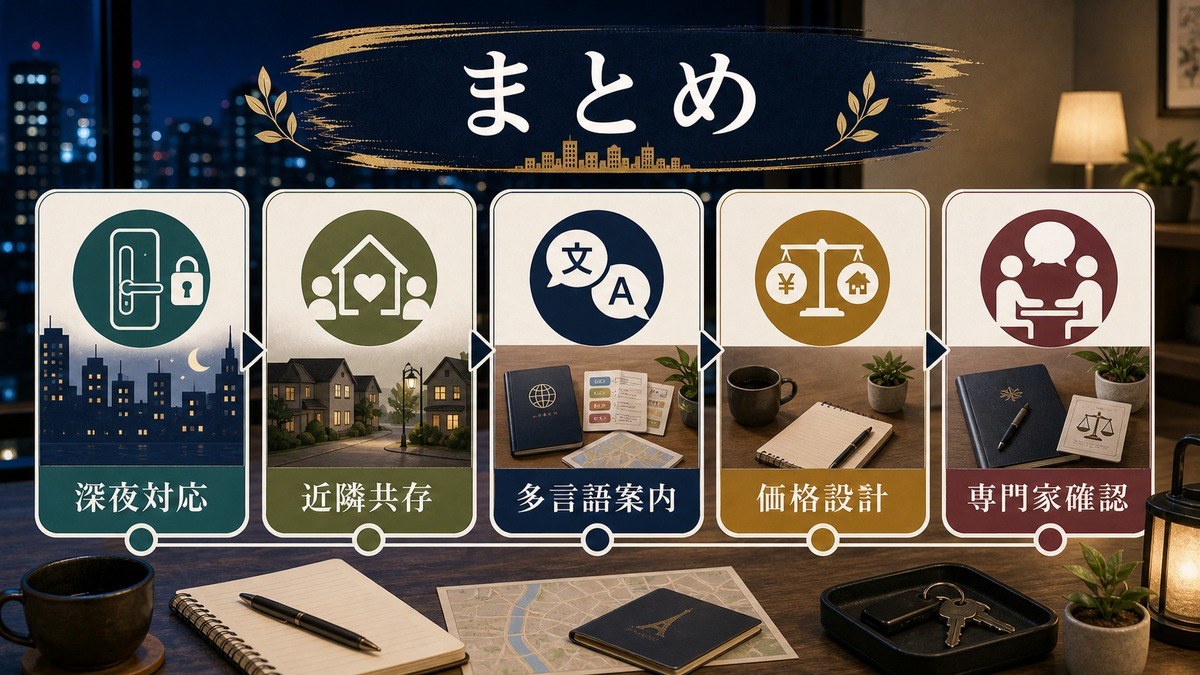 ナイトライフ観光需要に対応する深夜対応、近隣共存、多言語案内、価格設計、専門家確認をまとめた図解