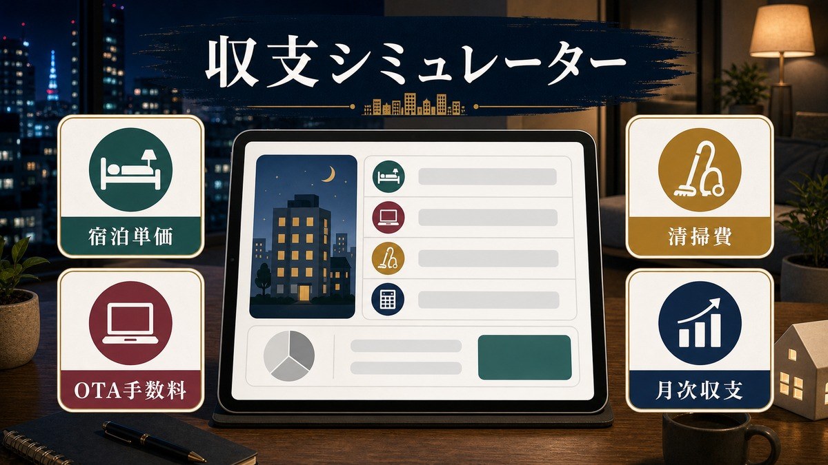 民泊収支シミュレーターで宿泊単価、OTA手数料、清掃費、月次収支を確認する図解