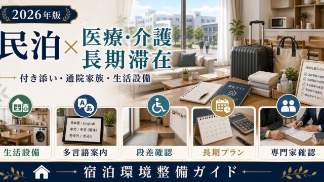民泊の介護・医療目的長期滞在需要について、付き添い、通院家族、生活設備、多言語案内、段差確認、長期プラン、専門家確認を整理したアイキャッチ画像