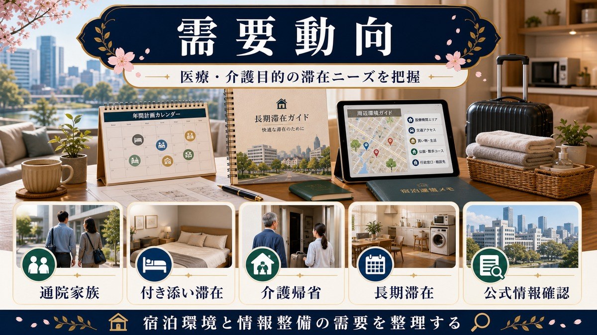 介護・医療目的長期滞在需要として通院家族、付き添い滞在、介護帰省、長期滞在、公式情報確認を整理した図解
