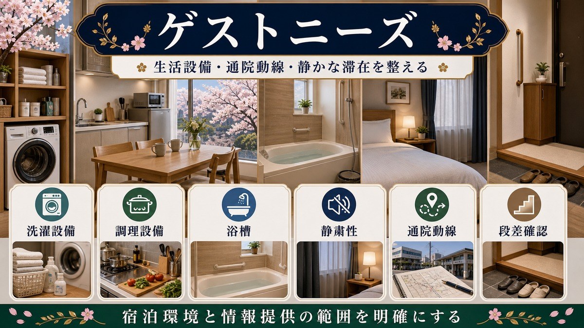 病院付き添い・通院家族ゲストのニーズとして洗濯設備、調理設備、浴槽、静粛性、通院動線、段差確認を整理した図解