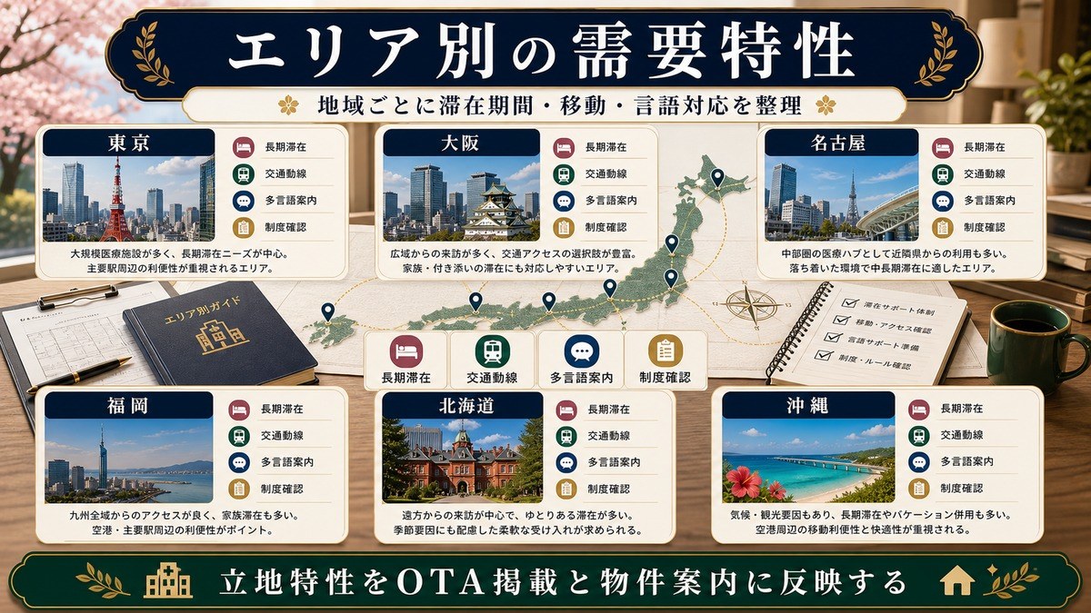 主要医療エリア別の需要特性として東京、大阪、名古屋、福岡、北海道、沖縄の立地特性を整理した図解