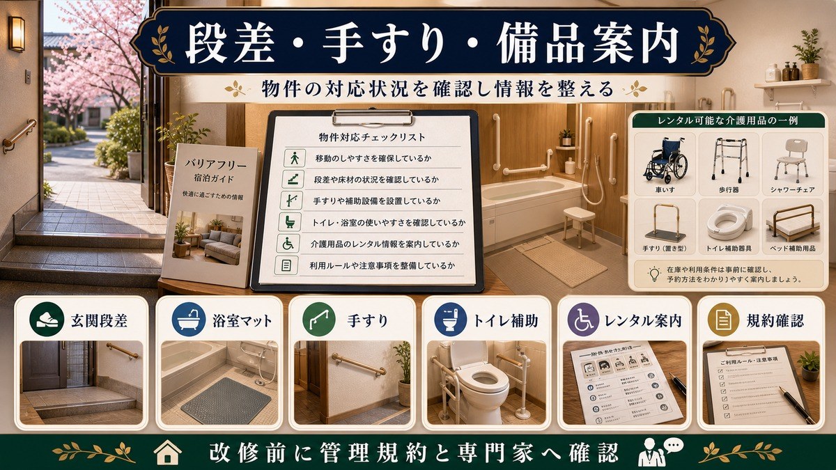 バリアフリー設備整備として玄関段差、浴室マット、手すり、トイレ補助、レンタル案内、規約確認を整理した図解