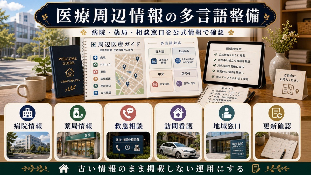 医療周辺情報の多言語整備として病院情報、薬局情報、救急相談、訪問看護、地域窓口、更新確認を整理した図解