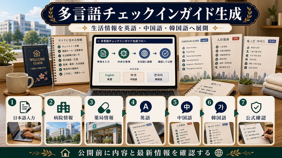 多言語チェックインガイド生成として日本語入力、病院情報、薬局情報、英語、中国語、韓国語、公開前確認を整理した図解