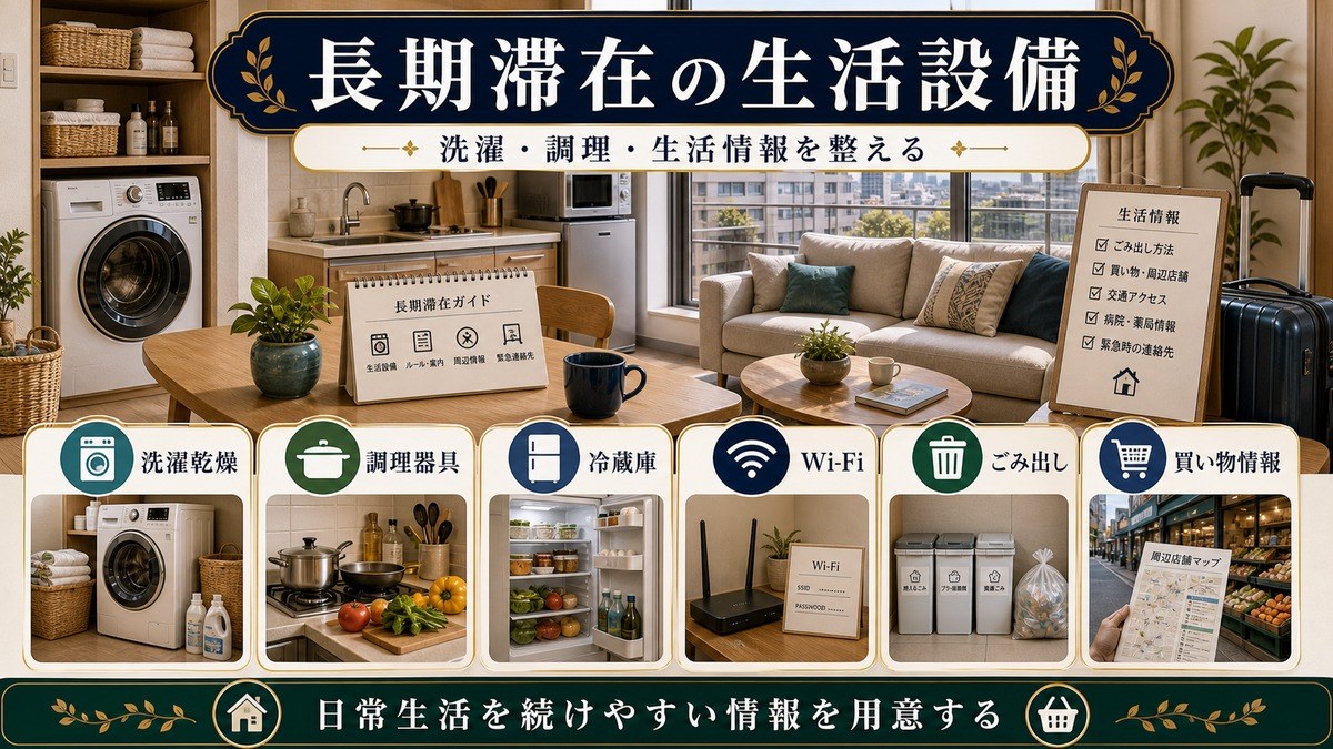 長期滞在の生活設備として洗濯乾燥、調理器具、冷蔵庫、Wi-Fi、ごみ出し、買い物情報を整理した図解