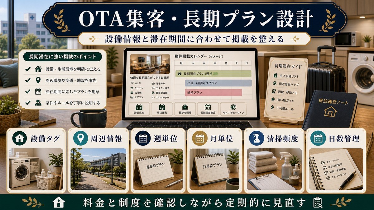 OTA集客と長期プラン設計として設備タグ、周辺情報、週単位、月単位、清掃頻度、日数管理を整理した図解