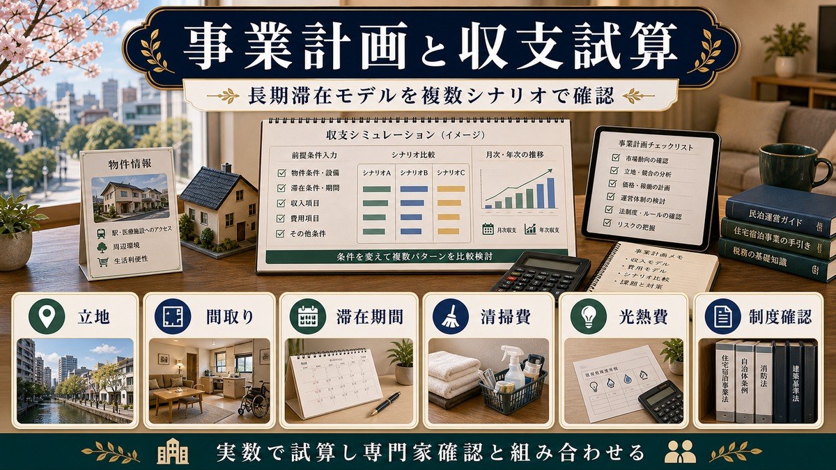 介護・医療目的民泊の事業計画として立地、間取り、滞在期間、清掃費、光熱費、制度確認を整理した図解