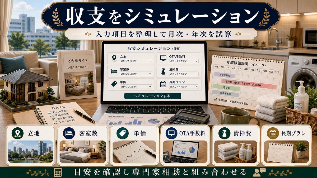 収支シミュレーションとして立地、客室数、単価、OTA手数料、清掃費、長期プランを整理した図解
