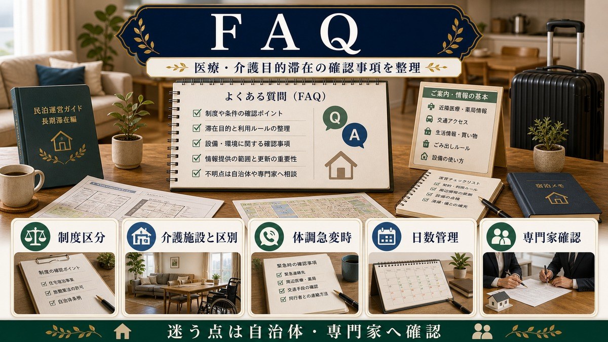 医療・介護目的滞在のFAQとして制度区分、介護施設との区別、体調急変時、日数管理、専門家確認を整理した図解